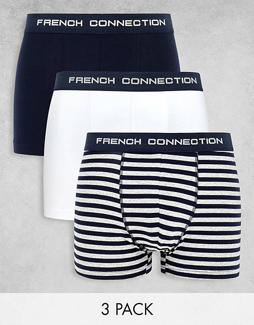 French Connection - Set van 3 boxershorts in marineblauw/grijs gestreept