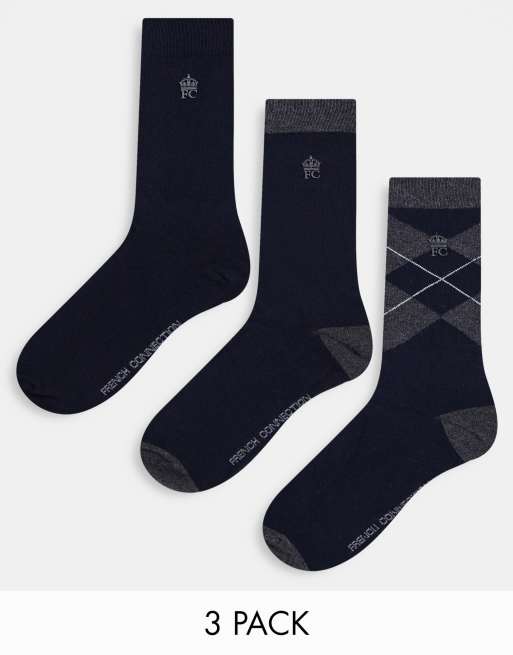 French Connection - Set van 3 paar sokken met Argyle-ruitprint in marineblauw/bordeauxrood