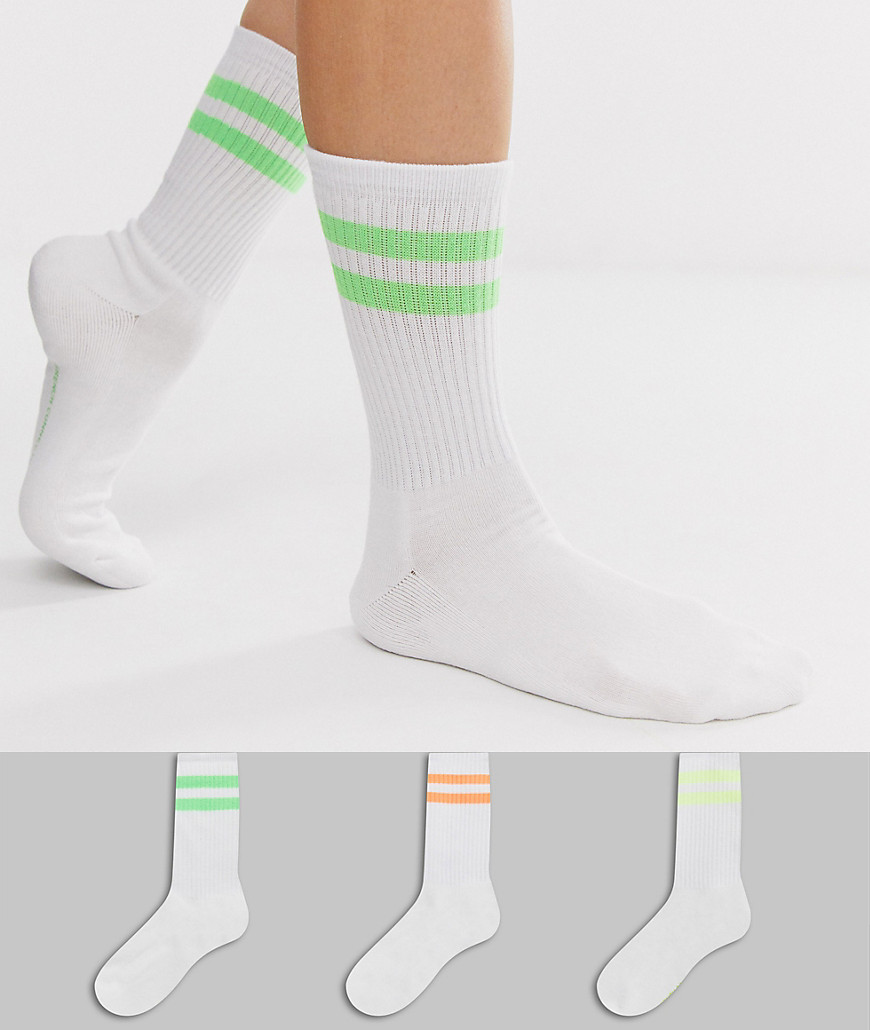 French Connection - Set van 3 paar sokken met sportieve strepen in neonkleur-Wit