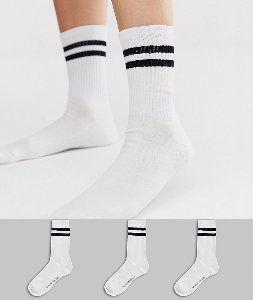 French Connection - Set van 3 paar sokken met sportieve strepen in wit