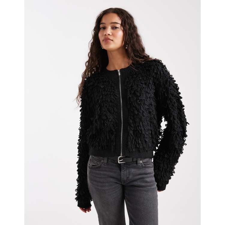 French Connection shaggy fringe knit zip up cardigan in