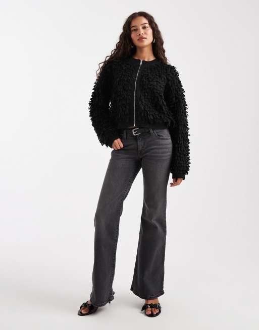 French Connection shaggy fringe knit zip up cardigan in black | ASOS