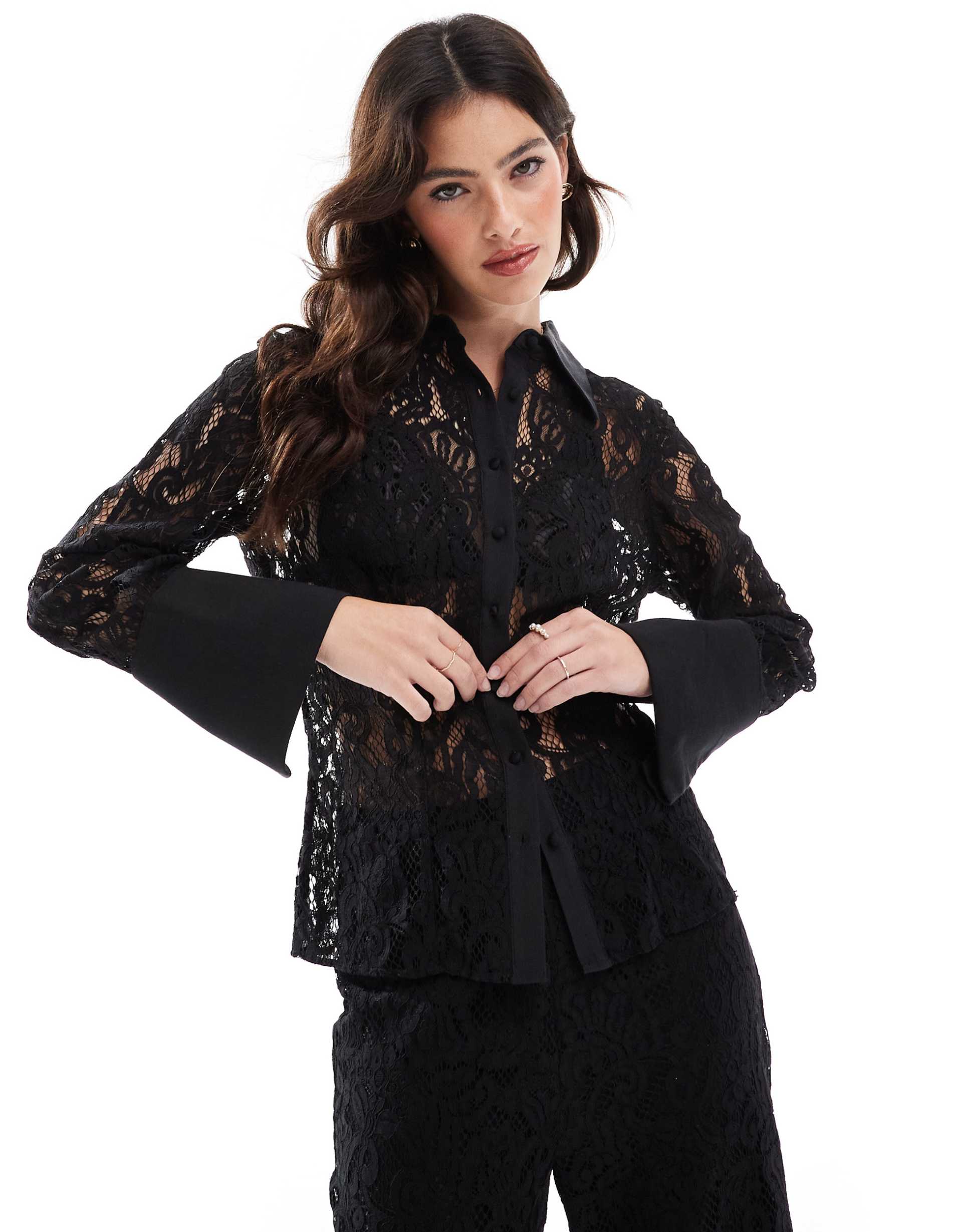 french connection sheer lace shirt in black - part of a set