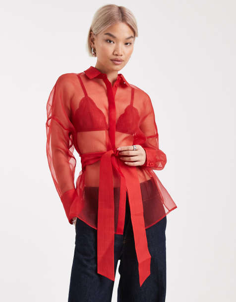 French Connection sheer organza tie waist shirt in red - view 1