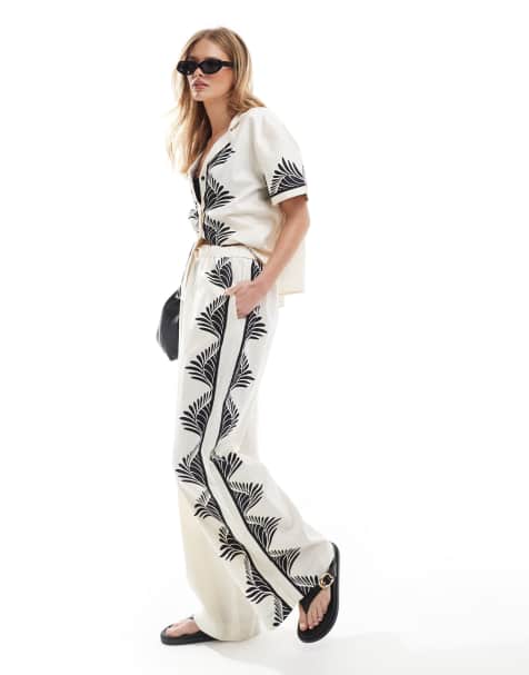 French Connection Sherry printed straight leg drawstring trousers co-ord in cream and black