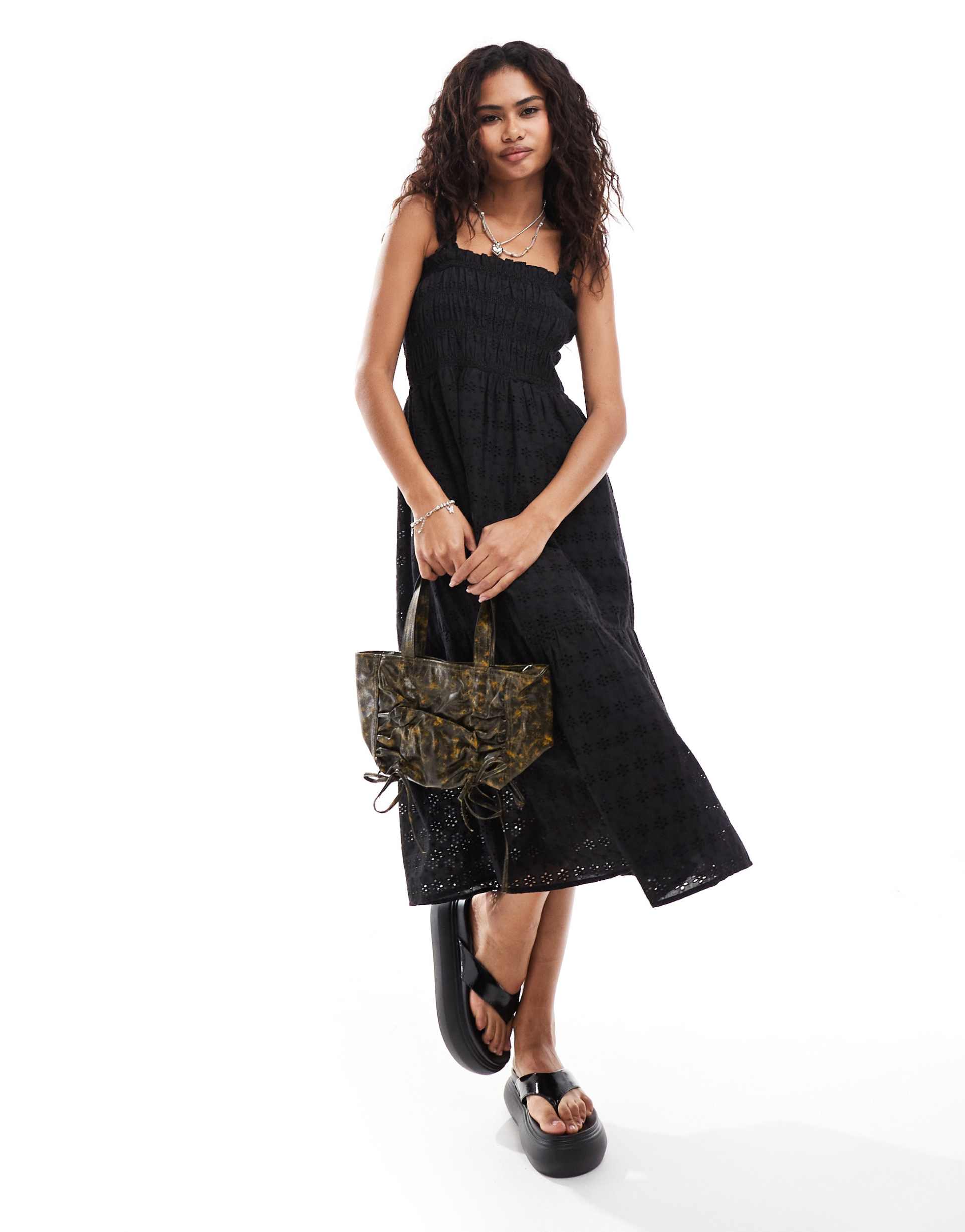 french connection shirred broderie midi sun dress in black