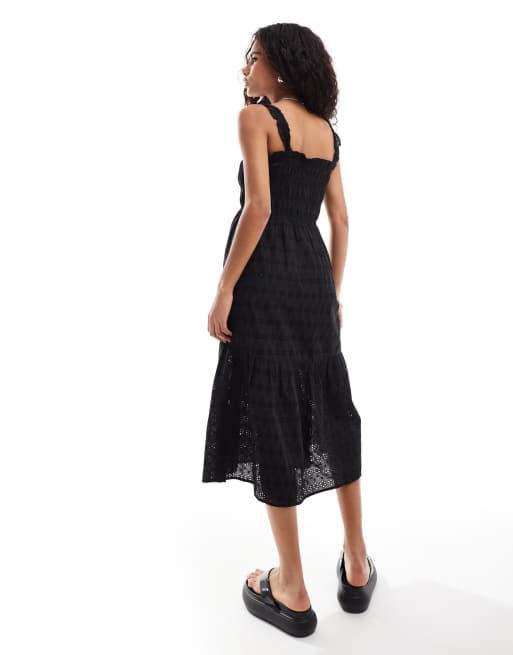 French Connection shirred broderie midi sun dress in black ASOS