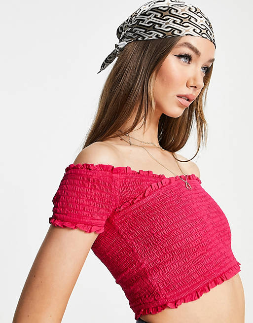 French Connection shirred off shoulder crop top in pink
