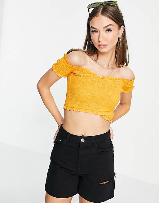 French Connection shirred off shoulder crop top in yellow