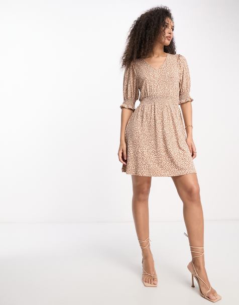 French Connection shirred waist mini dress in brown spot - view 1