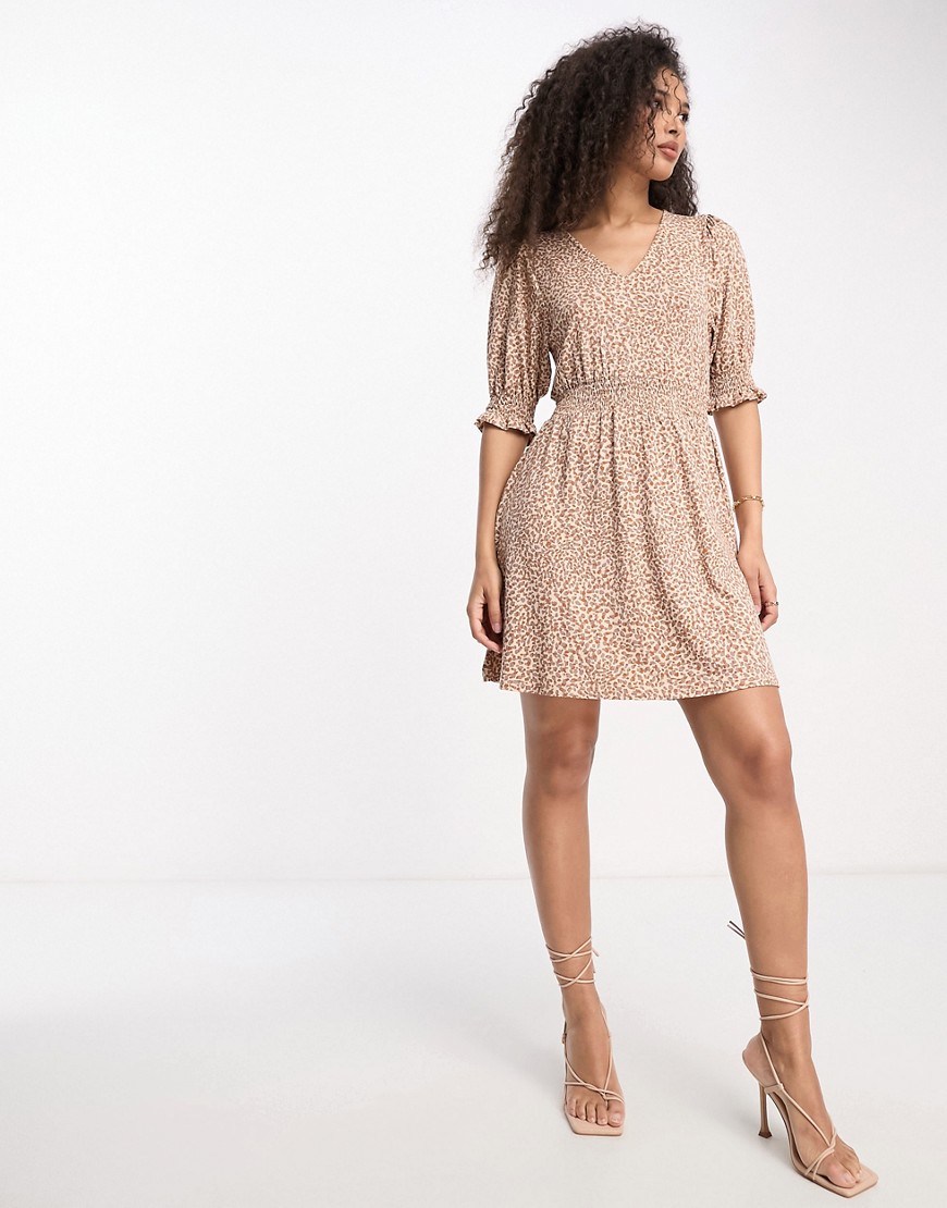 French Connection shirred waist mini dress in brown spot