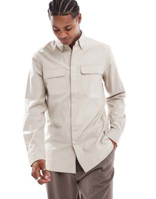 French Connection shirt with double breast pockets in stone-Neutral