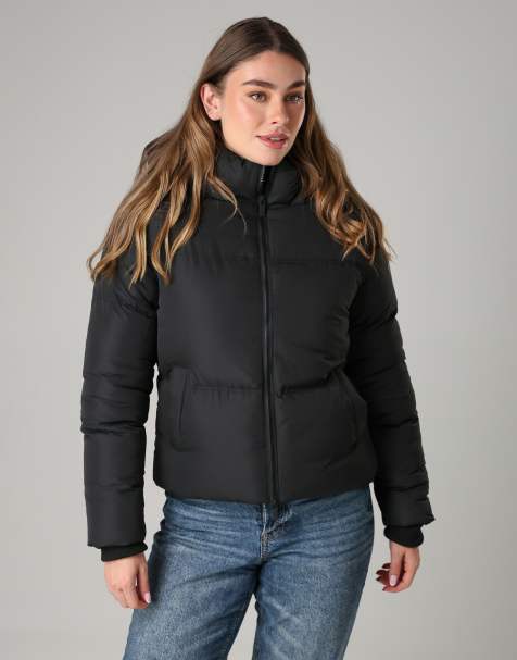 French Connection Short padded hooded puffer zip jacket in black