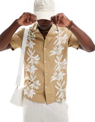 French Connection short sleeve floral print camp collar shirt in stone-Neutral