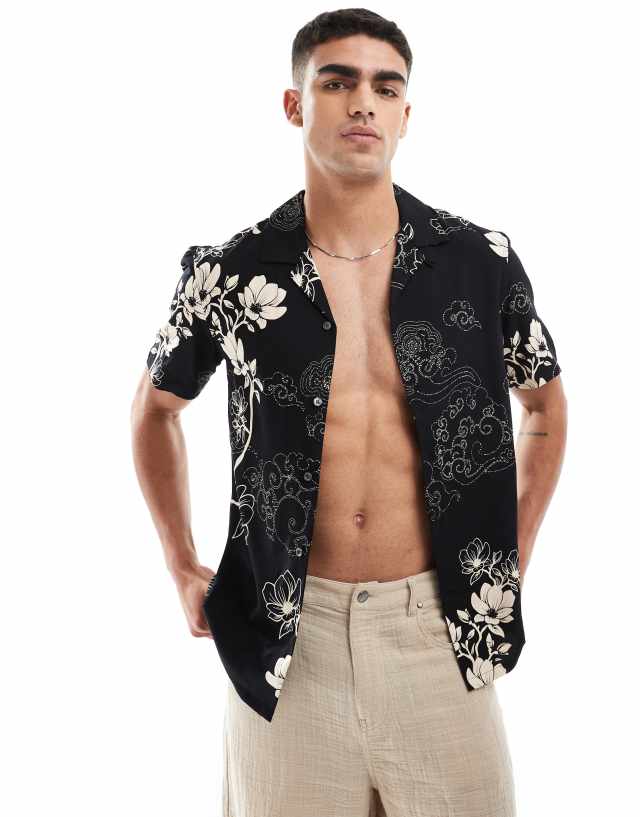 French Connection Mens - French Connection short sleeve floral print revere shirt in black