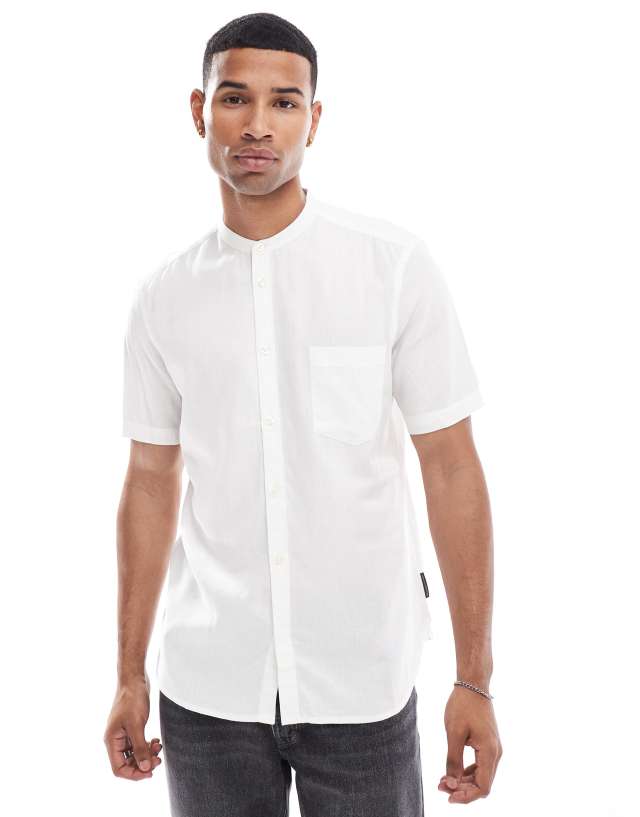 French Connection Mens - French Connection short sleeve grandad collar linen shirt in white