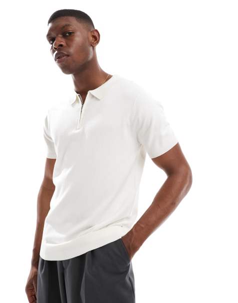 French Connection short sleeve knit zip polo shirt in ecru - view 1