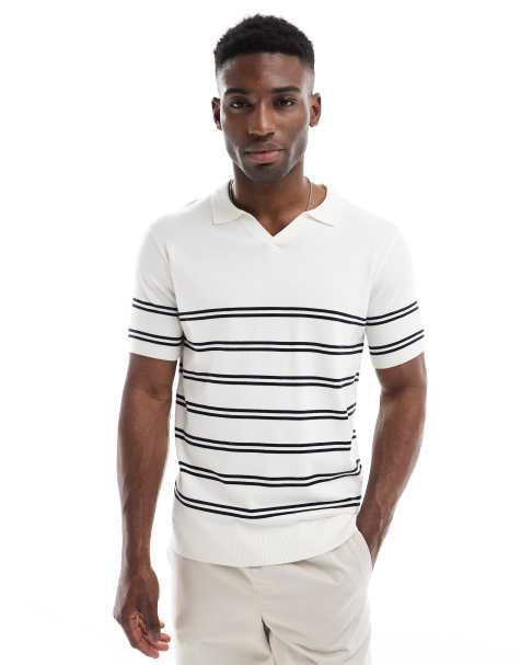 French Connection short sleeve knitted polo shirt in ecru and navy stripe - view 1