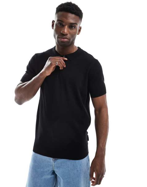French Connection short sleeve knitted zip polo shirt in black