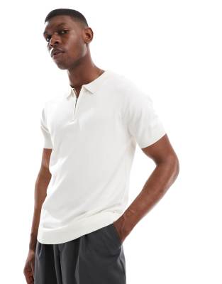French Connection short sleeve knitted zip polo shirt in ecru - view 1