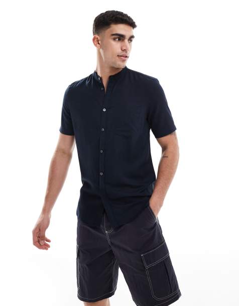 French Connection short sleeve linen henley shirt in navy - view 1