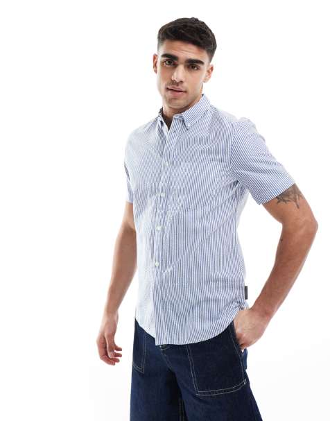 French Connection short sleeve linen pocket shirt in blue seersucker