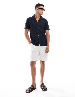 French Connection Mens French Connection short sleeve linen revere shirt in navy