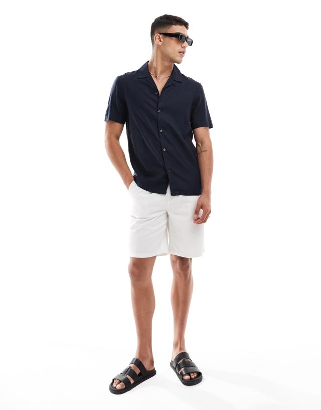 French Connection Mens - French Connection short sleeve linen revere shirt in navy