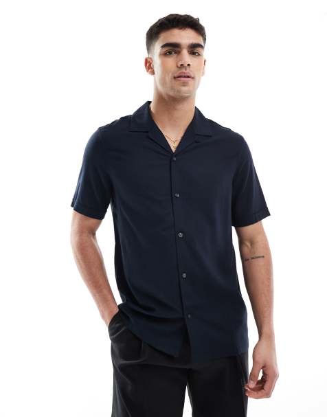 French Connection short sleeve linen revere shirt in navy