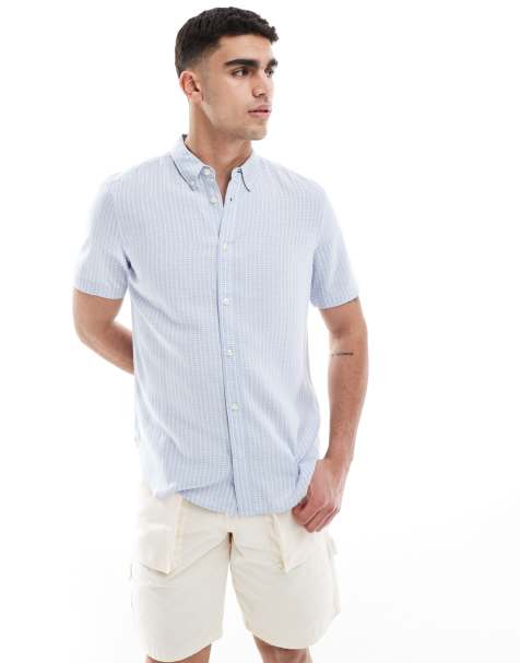 French Connection short sleeve linen shirt in soft blue check - view 1