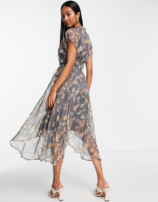 French Connection short sleeve midi dress in dark floral ASOS