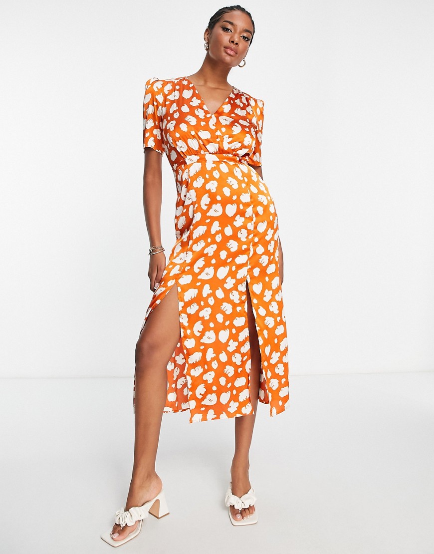 French Connection short sleeve midi dress in rust smudge print-Orange