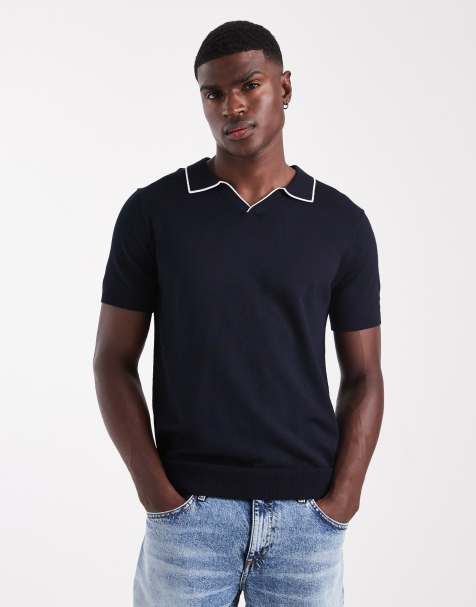 French Connection Short sleeve open collar trimmed polo shirt in navy - view 1