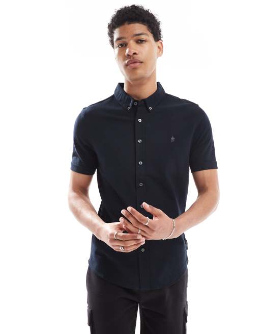 French Connection short sleeve pique button up polo shirt in navy