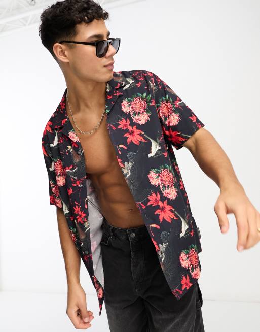 French Connection short sleeve revere eagle print shirt in navy