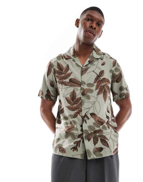 French Connection short sleeve revere shirt in khaki leaf print - view 1