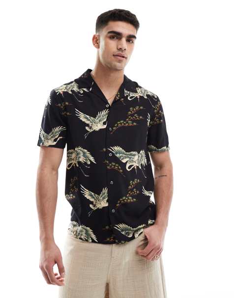 French Connection short sleeve revere shirt in navy bird print - view 1
