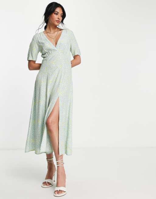 Floral Short Sleeve Asymmetrical Hem Midi Dress