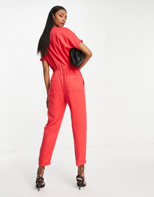 Red short hot sale sleeve jumpsuit