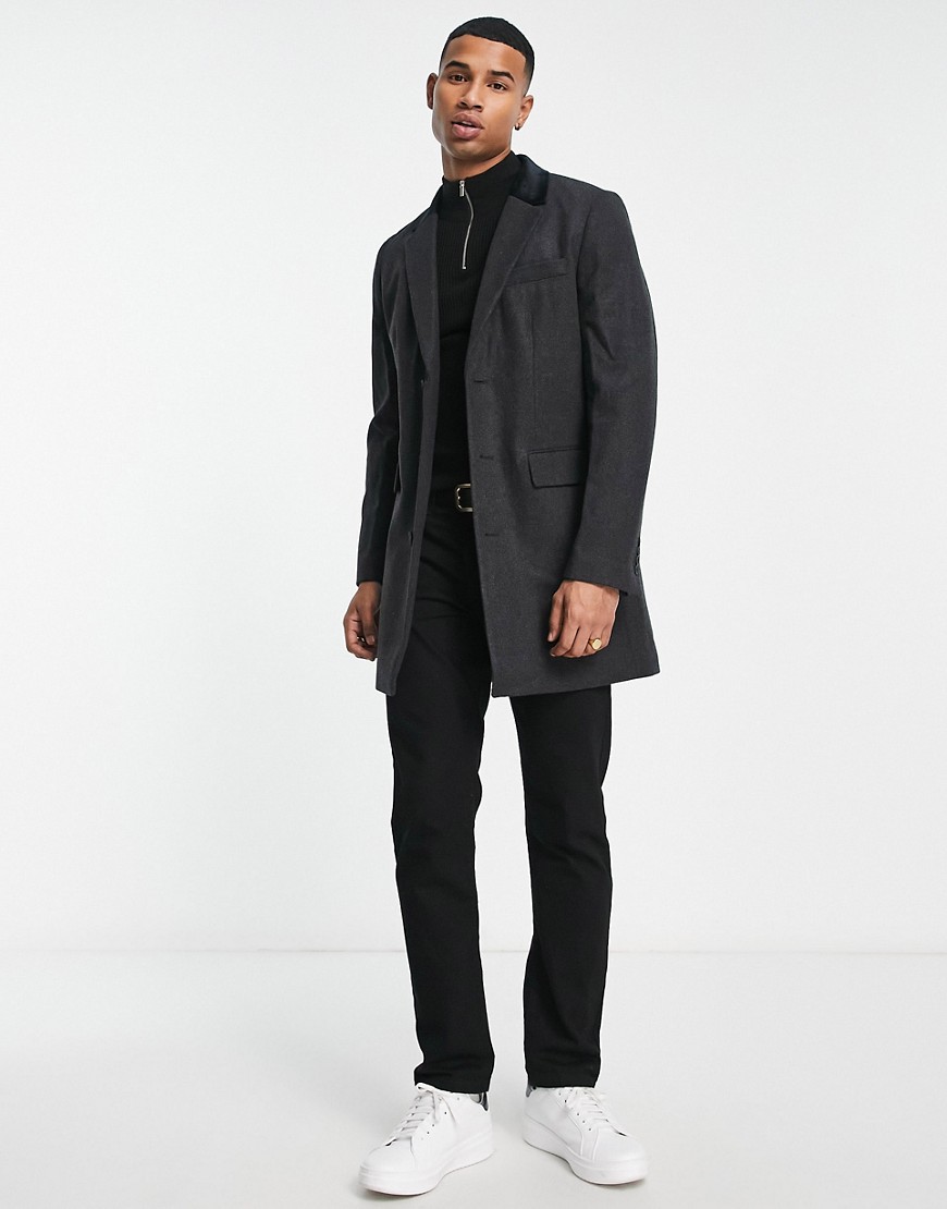 French Connection Double Breasted Funnel Neck Coat In Charcoal-gray