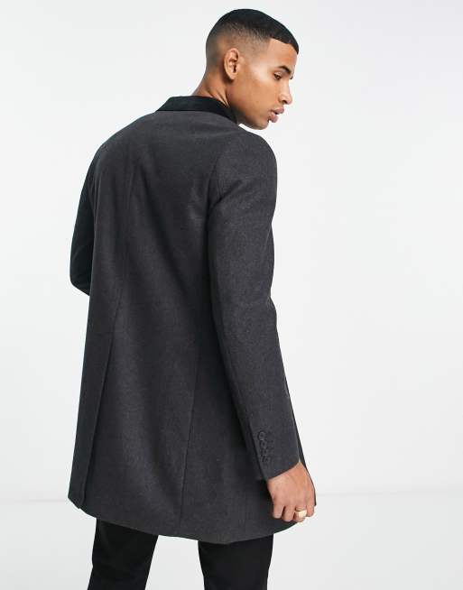 French Connection single breasted overcoat with velvet collar in charcoal