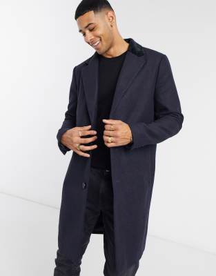 French Connection single breasted overcoat with velvet collar-Navy