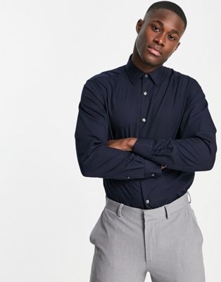 French Connection skinny fit stretch poplin shirt in navy - ASOS Price Checker