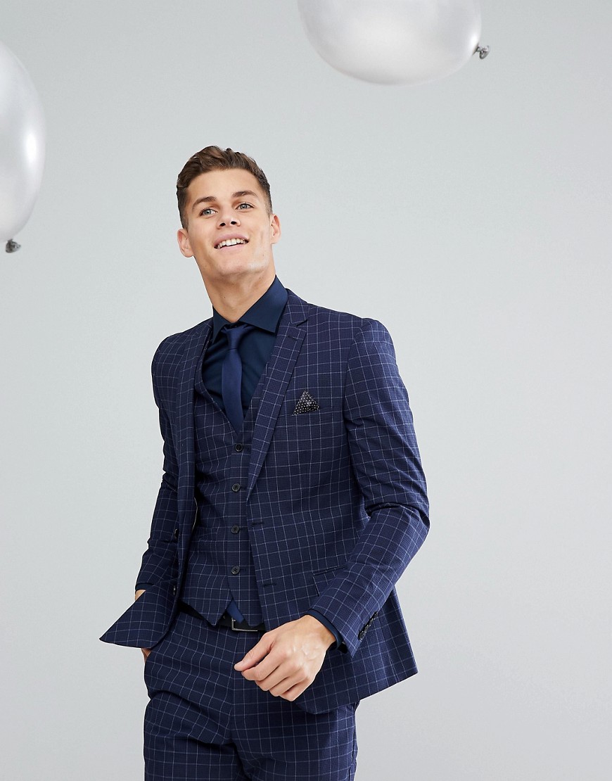 French Connection Skinny Wedding Suit Jacket in Grid Check-Navy