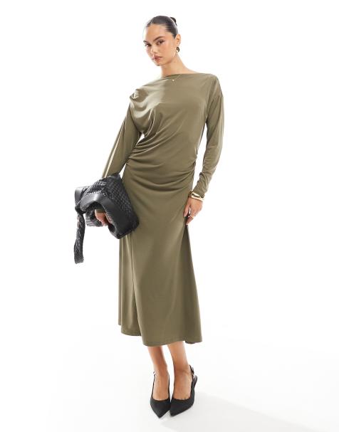 French Connection slash neck slinky jersey midi dress in khaki - view 1