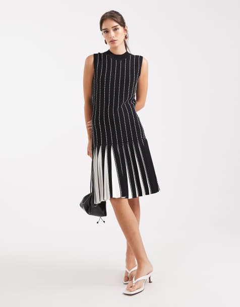 French Connection sleeveless pleated dress with mono contrast stitching in black