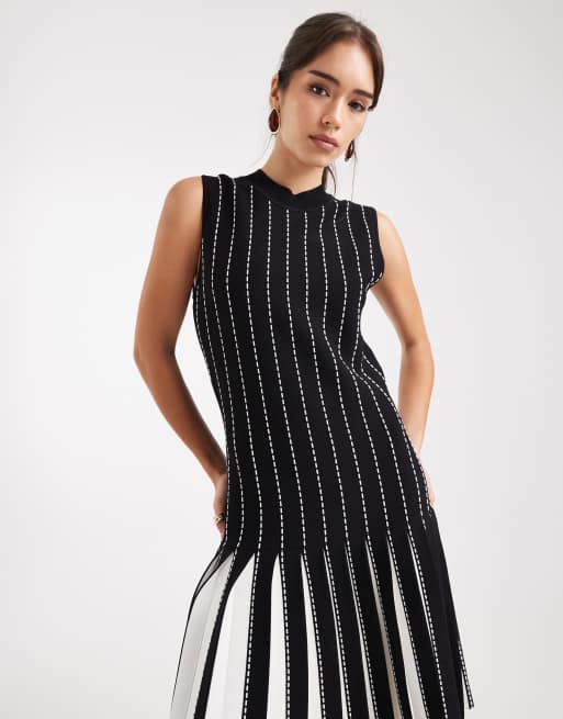 french connection black pleated dress French Connection sleeveless pleated dress with mono contrast stitching in  black