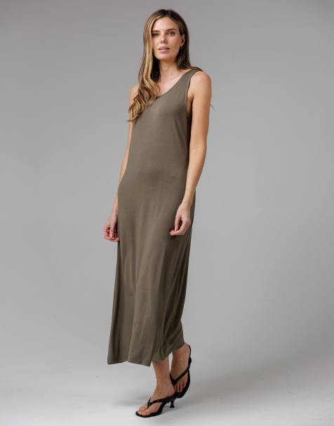 French Connection Sleeveless scoop neck flowy maxi dress in khaki