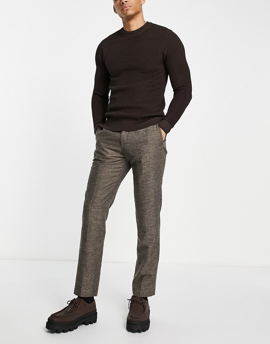 French Connection slim fit herringbone suit pants-Brown