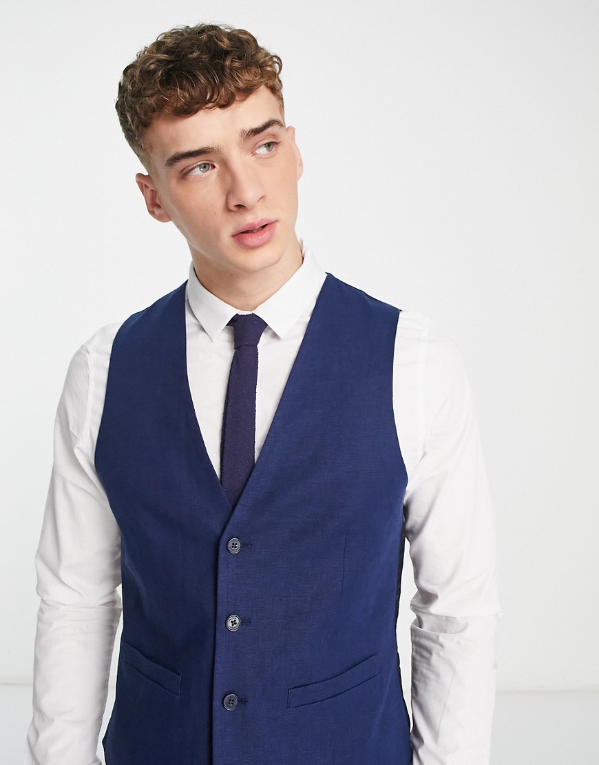 French Connection slim fit linen suit waistcoat-Navy
